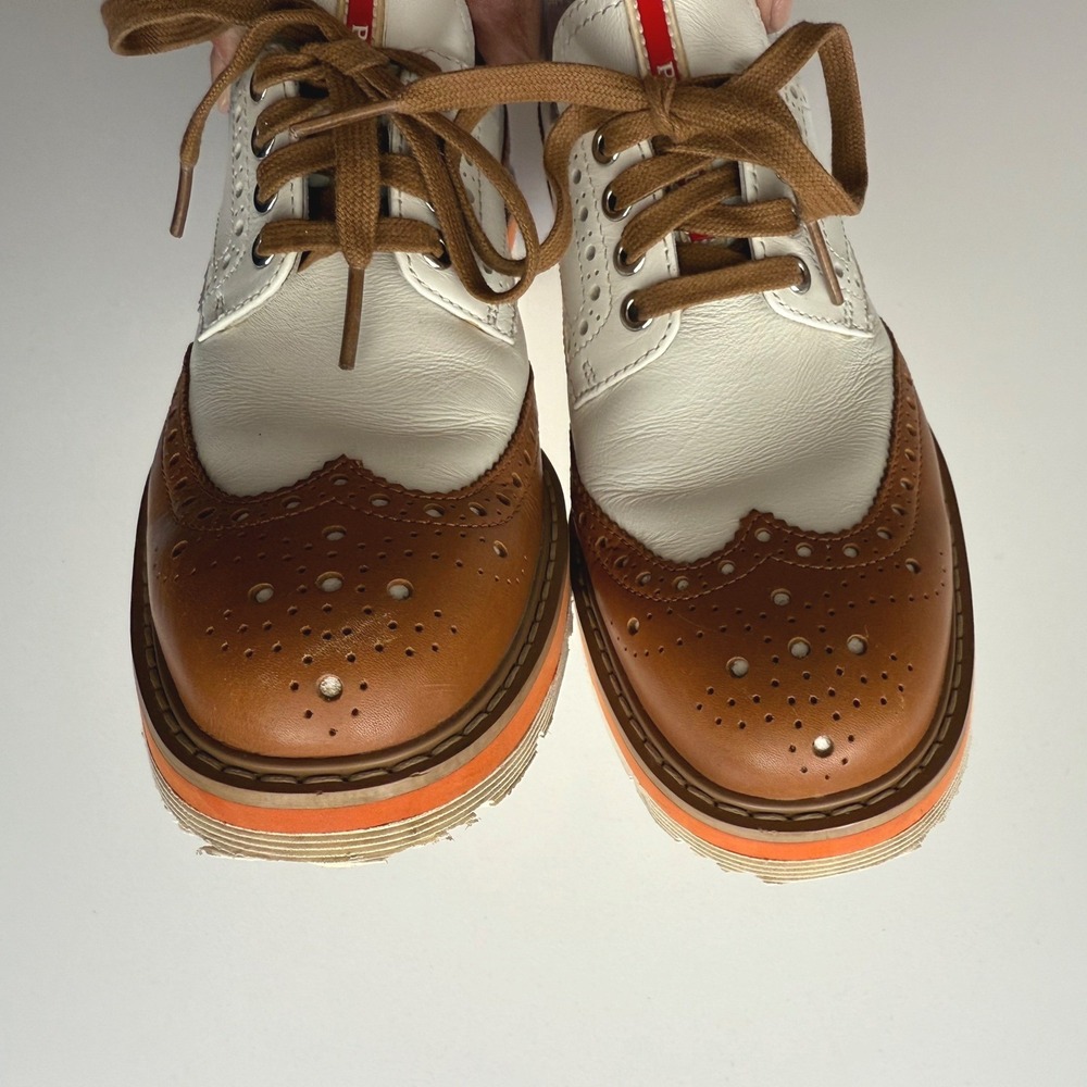Prada Two Tone Perforated Leather Platform Brogues Brown White Shoes US size 7.5 - Picture 4 of 10